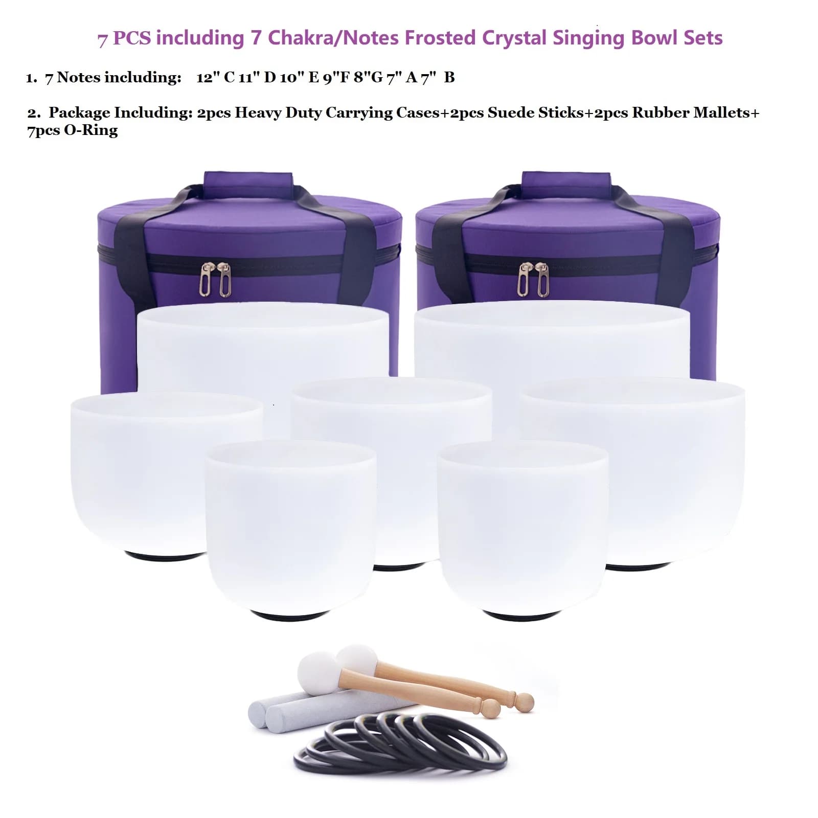 Hye-eun 7pcs 7"-12" Crystal Singing Bowls Chakra Set of 7 with Carrying Cases for Yoga Medication Sound Healing Deep Relaxation