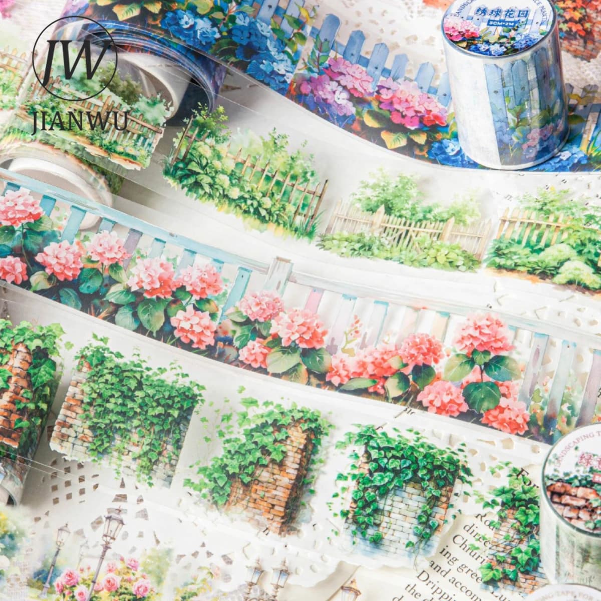 JIANWU 50mm*200cm Fence Plant Series Vintage Flower Landscaping Material Collage PET Tape Creative DIY Journal Stationery