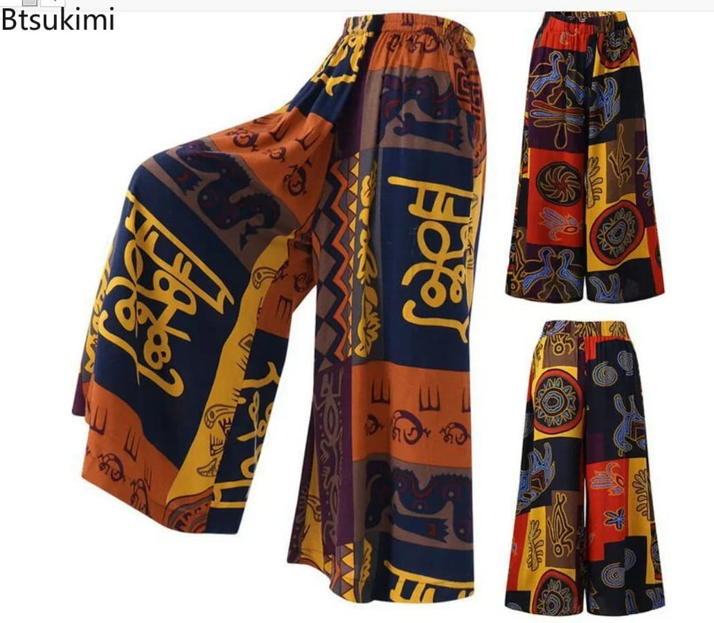 2025 Women's Summer Casual Cotton Linen Beach Pants Loose Retro Bohemia High Waist Straight Trousers Printed Yoga Wide Leg Pants