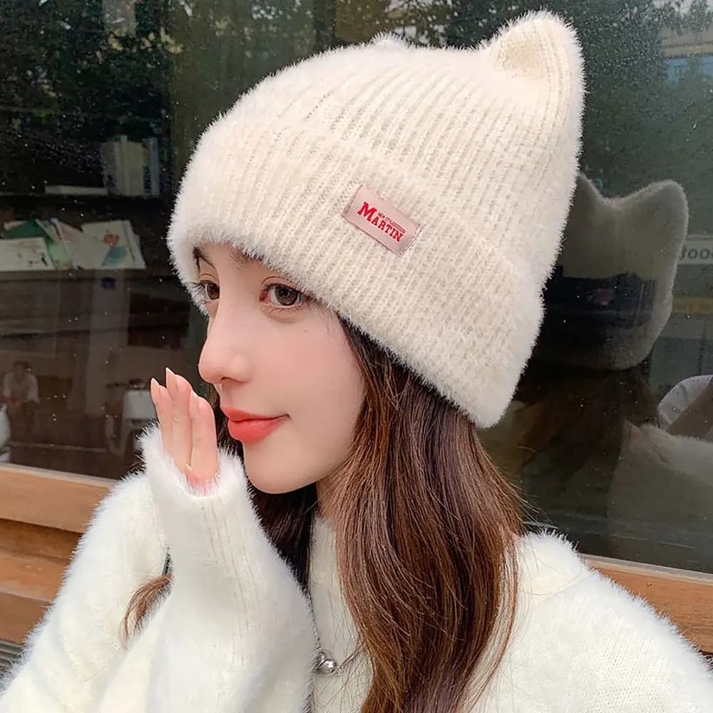 Cat Ear Earflap Women Knitted Hat Cute Candy Color Faux Fur Pullover Cap Kpop Style Winter Hat Women Girls
