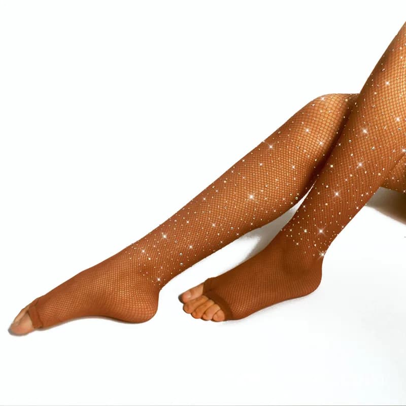 Hot Sale Rhinestone Open Toe Diamond Fishing Mesh Caramel-colored Pantnet Dance Wear Latin Stockings