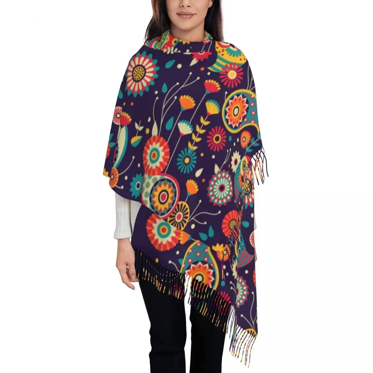 Lady Scarf Warm Vibrant Owl Head Scarves with Tassel Retro Floral Print Luxury 2024 Shawls Wrpas Winter Graphic Bufanda Mujer