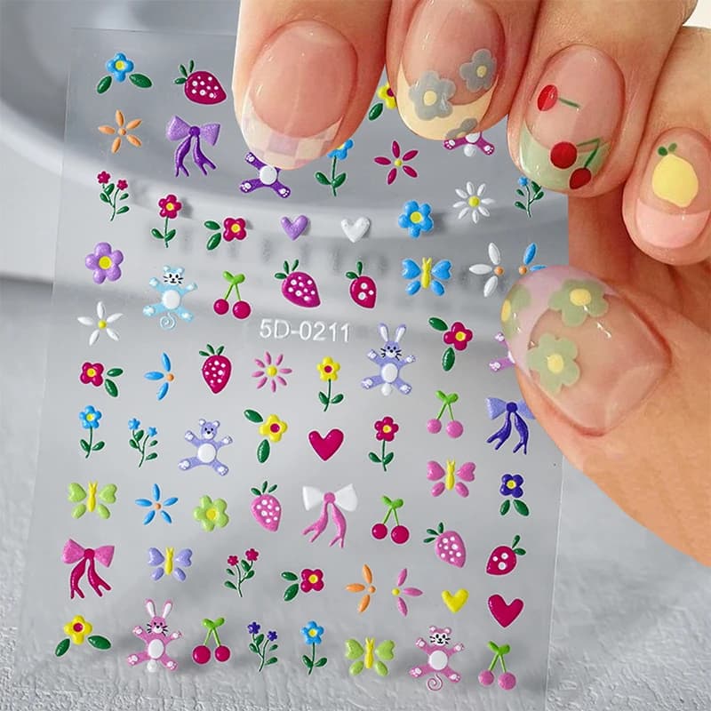 Flower Cartoon Nail Art Stickers Self-Adhesive Diy Cute 5d Reliefs Bowknot Rabbit Pattern Manicure Slider Decoration Stickers