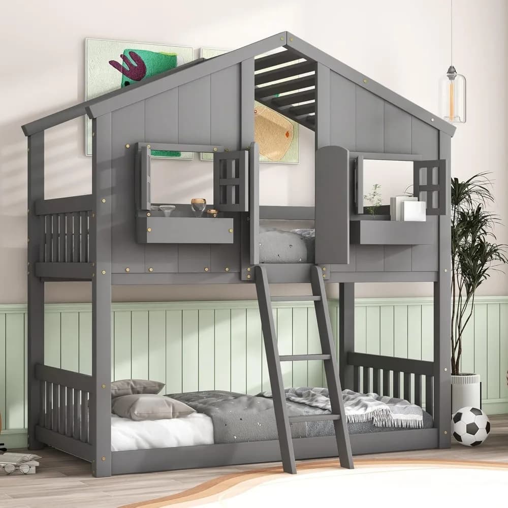 House Bunk Bed Twin Over Twin Wood Bunk Beds , Windows, Window Box and Small Door, Floor Bunk Beds with Ladder and Guard Rails