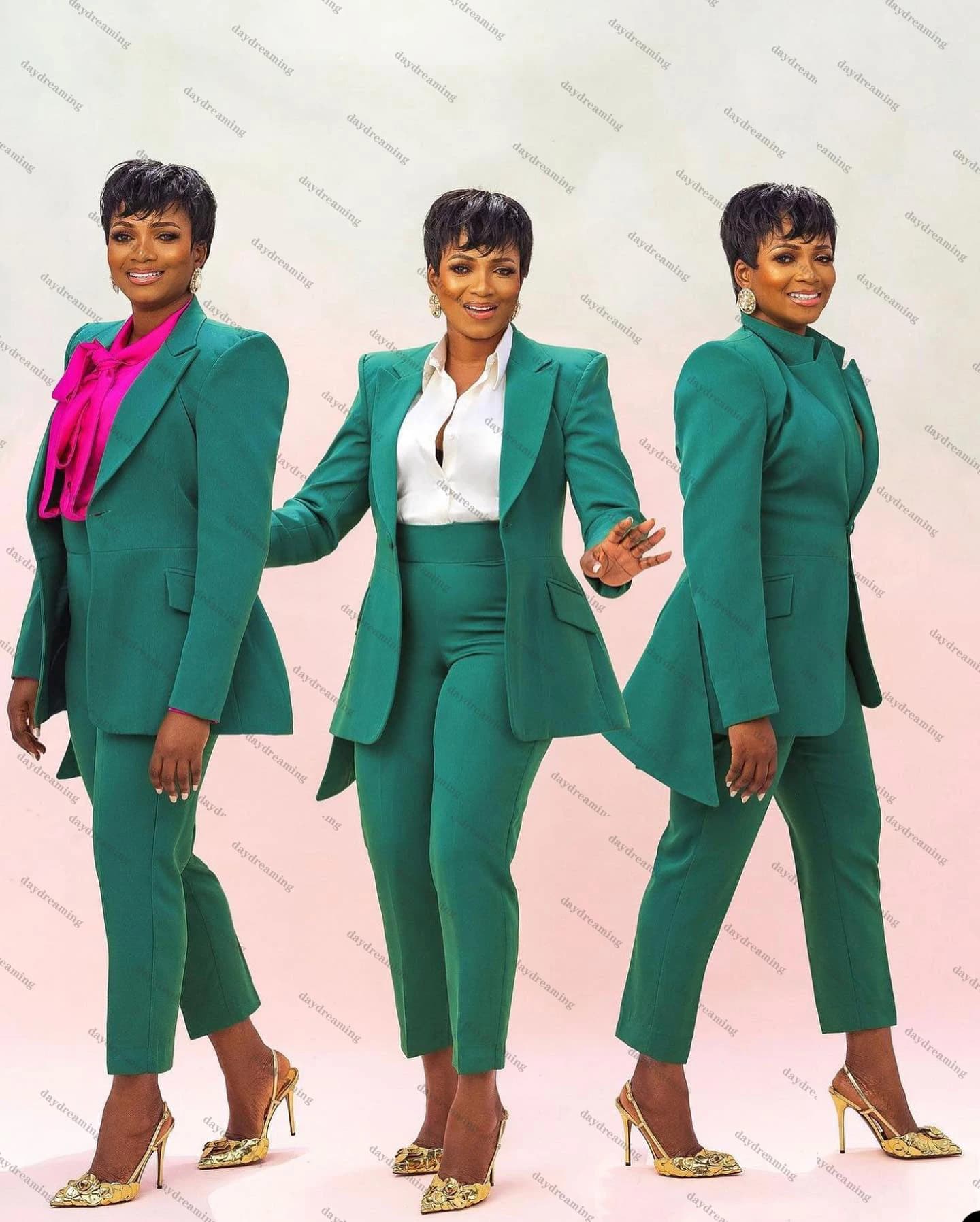 Fashion Classic Green 2 Pieces Jacket Pant Suits Peaked Lapel Formal Casual Female Suit Pencil Pants Lady Prom Party Outfits