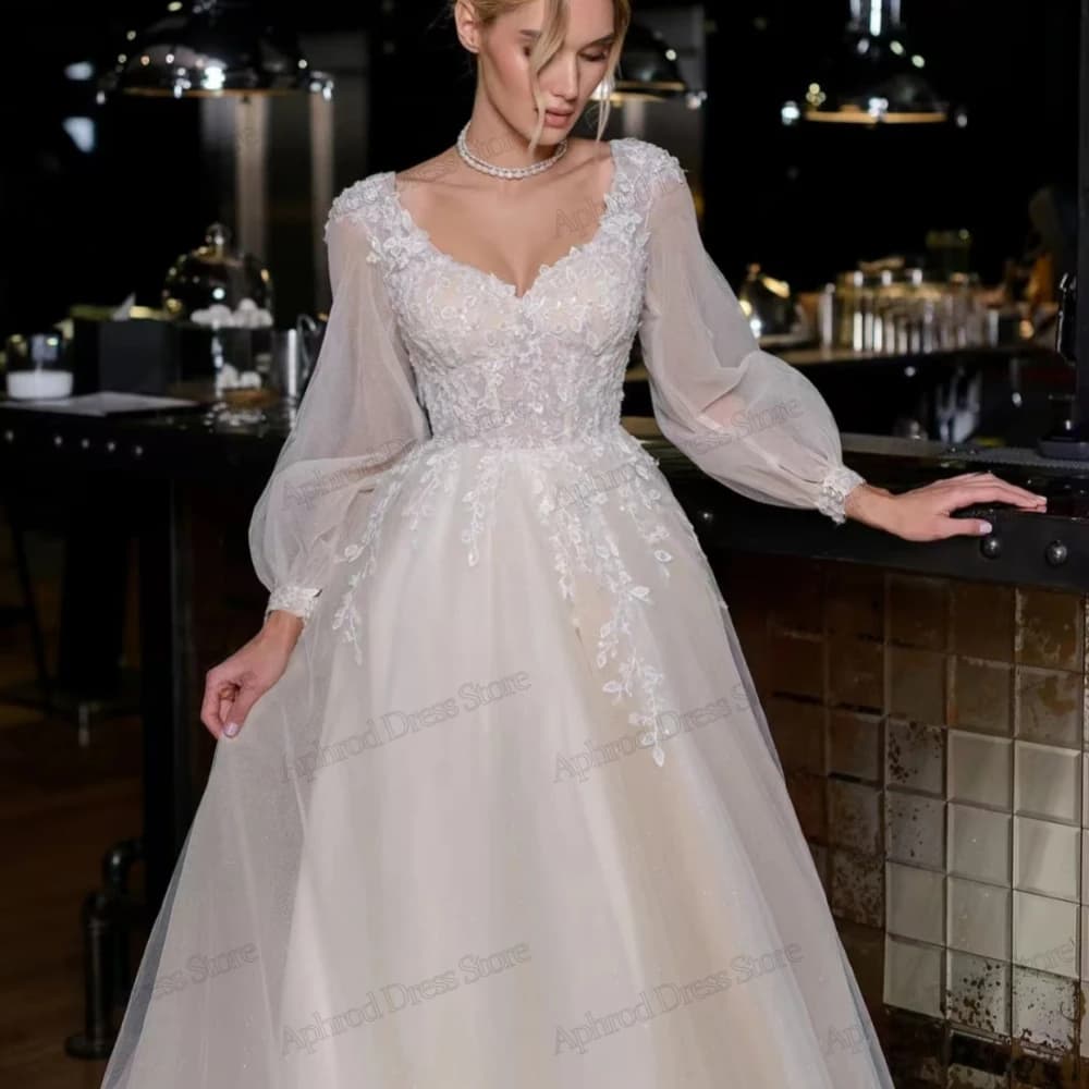 Vintage Wedding Dresses A-Line Tulle Tiered Bridal Gowns Lace Appliques Long Puff Sleeves Robes Vestidos De Novia Customized