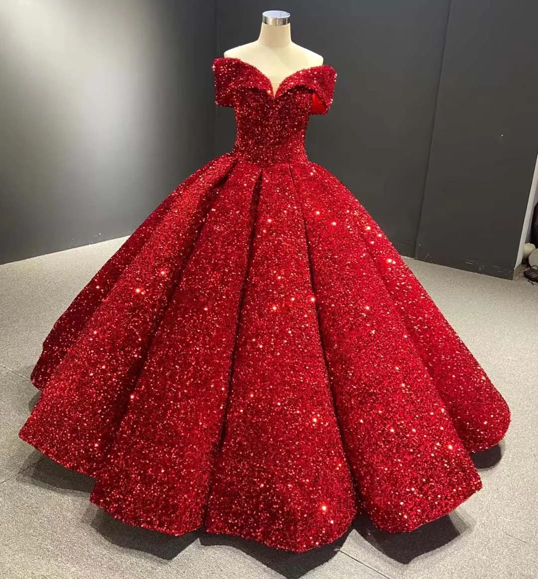 Red Puffy Quinceanera Dresses Ball Gown Off The Shoulder Seuqins Sparkle Mexican Sweet 16 Dresses 15 Anos Customized