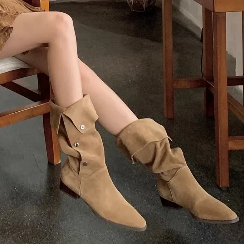 Women Retro Pleated Knee High Cowboy Boots 2024 Autumn High Heels Pointed Toe Thick Heeled Botas Western Boots Woman Long Botas