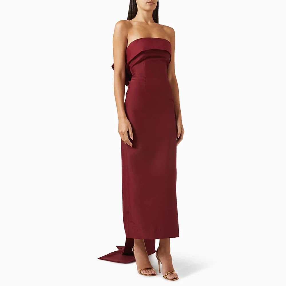 Burgundy Evening Dress Satin Strapless Big Bow Column Women's Evening Gowns Maxi Sleeveless Ankle Length Formal Party Dresses