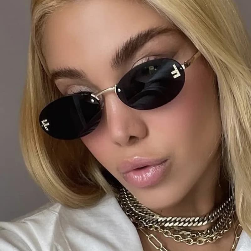 Elegant Diamond Oval Sunglasses Male Letter "F" Rimless Sunglasses Female