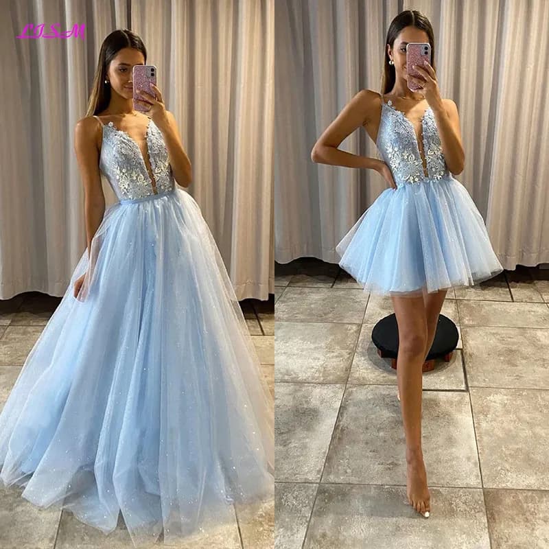 LISM Glitter Tulle Appliques Prom Dress with Detachable Train Sweetheart 2 Pieces Long Evening Gowns Serenity Blue Party Dresses