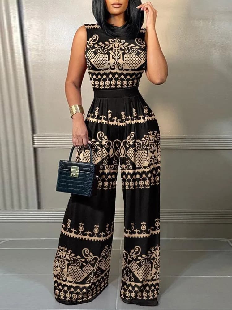 Elegant Women Wide Leg Long Juumpsuit 2024 Spring Summer Fashion Printed Sleeveless Casual Holiday Bodysuits Jumpsuits Trousers