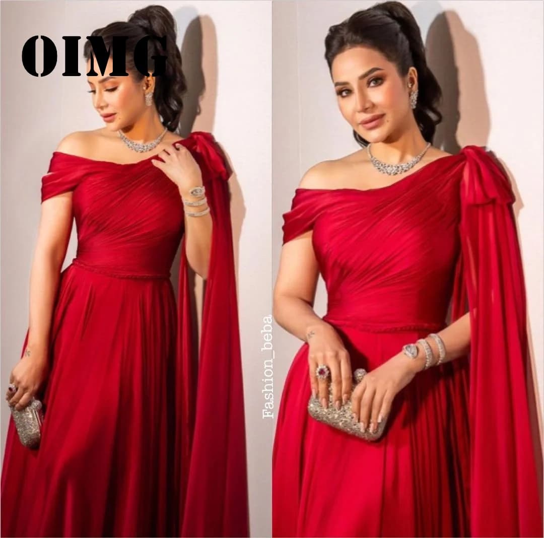 OIMG New Design Off the Shoulder Red Prom Dresses Customized Saudi Arabic Satin Backless Women  Gowns Formal Party Dress