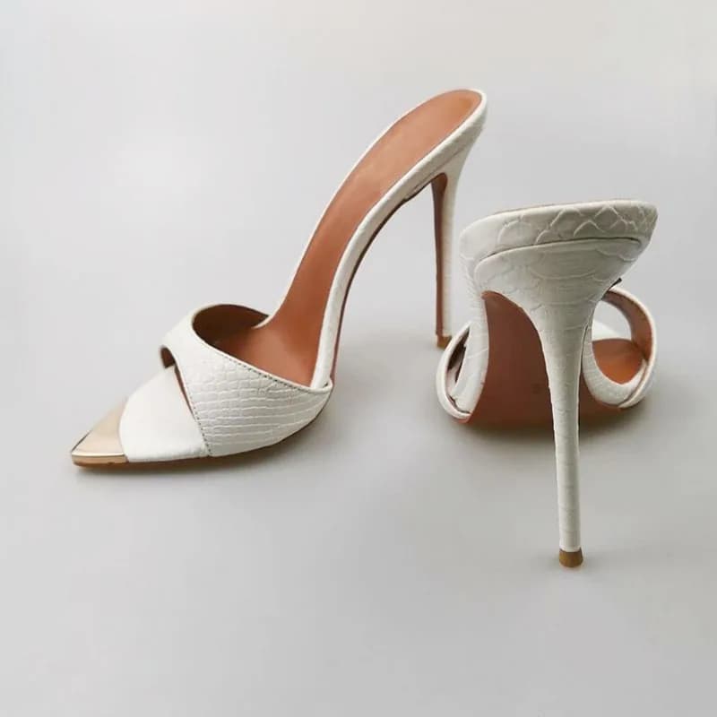 Arden Furtado Summer Embossed leather Metal pointed Open toe Super high heel Word slippers Outdoor wear Extra large size Mules