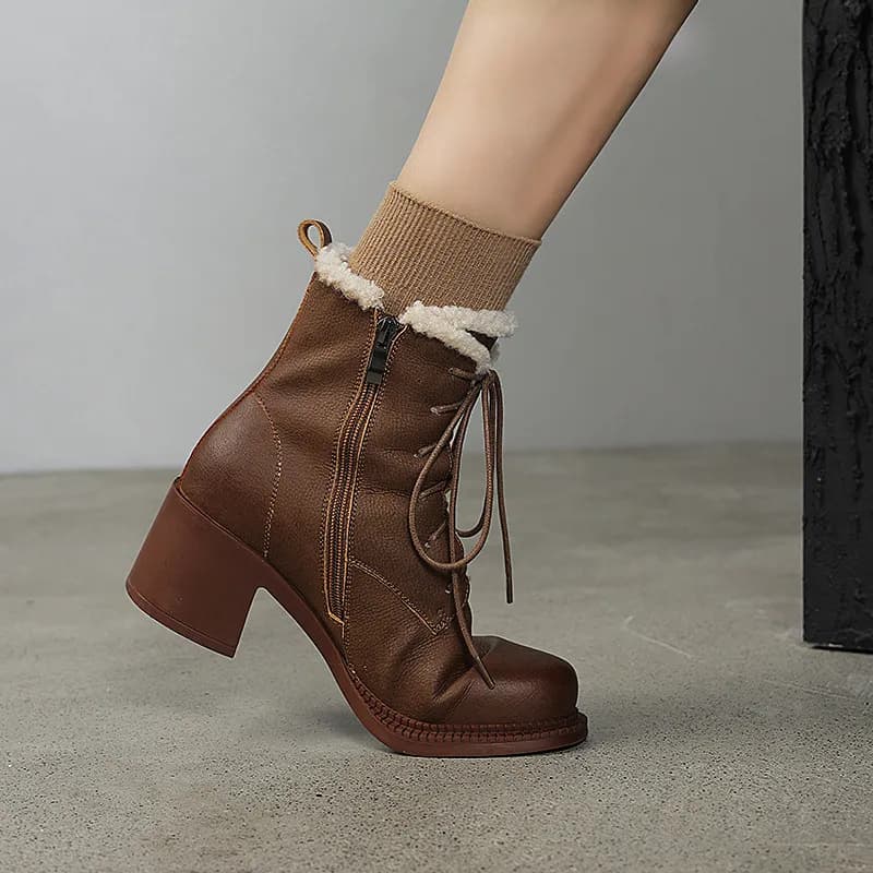 2024 Winter Women Boots Split Leather Women Shoes Round Toe Chunky Heel Genuine Leather Ladies Wool Modern Snow Boots