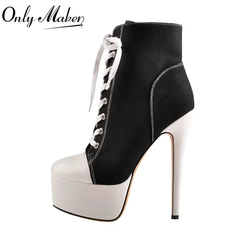 Onlymaker Brand Platform Canvas Ankle Boots 16CM High Heel Lace Up Zipper Stiletto Black Red Plus Size Booties
