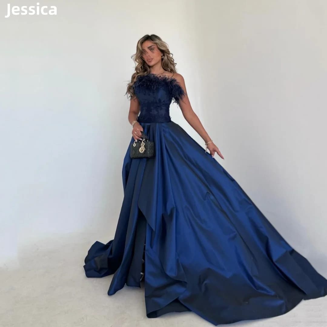 Jessica Dark Blue Wedding Dress Embroidered Feathers Luxury Arabian Ladies Prom Dresses Elegant A-shape Bespoke Occasion Dresses