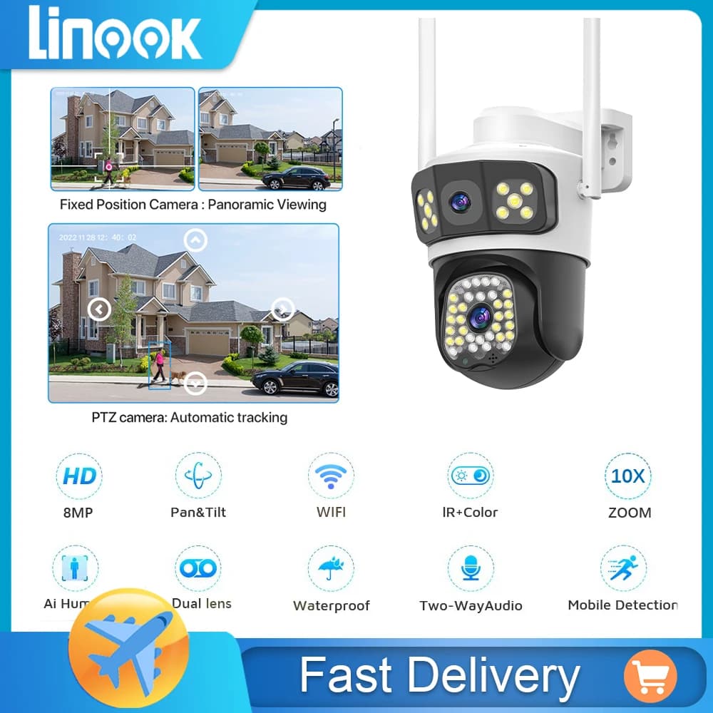 Linook,dual lens CCTV camera,PTZ360 for mobile viewing,WiFi camera AI for mobile detection,IP66 waterproof,wireless CCTV camera