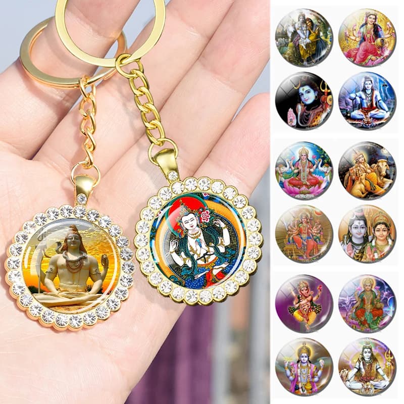 Esspoc Religion Keychain Charms Crystal Jewelry Hinduism God Brahma Shiva Cabochon Glass Gold Silver Color Plated Accessory