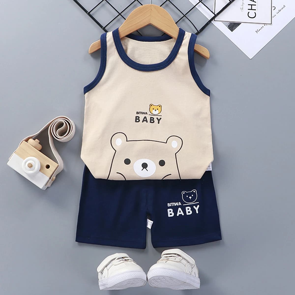 Sleeveless Tshirt Shorts Two Piece Casual Sports Cotton Wear Babies Boys Round Neck Tops Set Cartoon Printed Summer Clothing