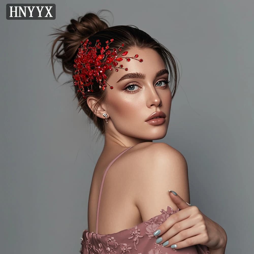HNYYX Bridal Hair Accessories Red Crystal Headpiece Wedding Bride Headwear Elegant Luxury Hair Clips Jewelry Hair Tiara A235