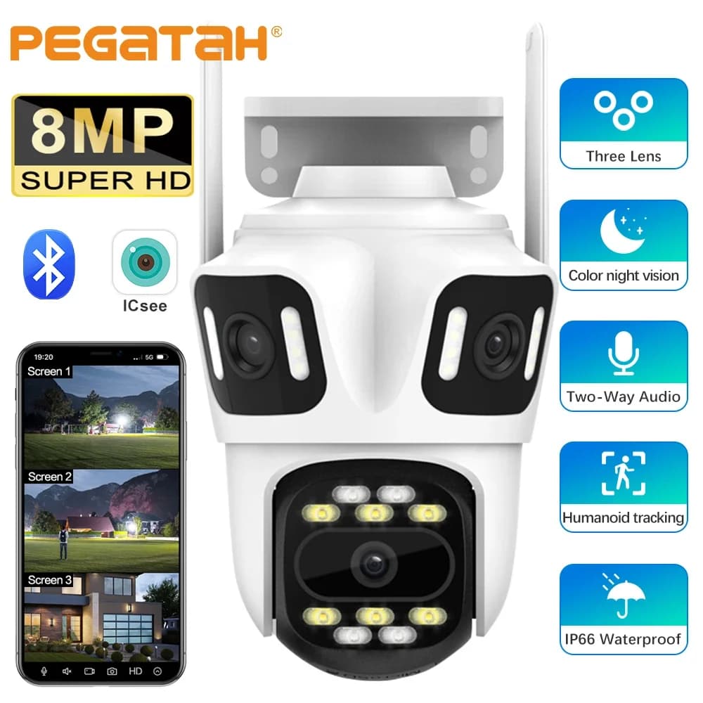 PEGATAH Three Lens PTZ IP Camera Outdoor 6K HD Three Screen WiFi Security Camera Auto Tracking 8MP Wirelss CCTV Camera iCsee