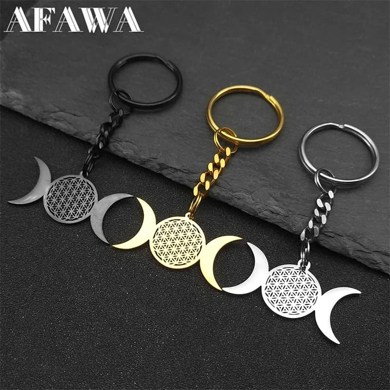 Witch Triple Moon Goddess Keychain for Women Men Stainless Steel Gold Color Wicca Flower Seed of Life Key Ring Jewelry K3766S02