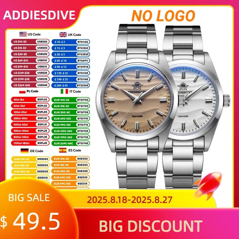 ADDIESDIVE Hot Sale AD2030 Without LOGO Watch Stainless Steel 100M Waterproof Quartz Watches 3D Sand Dial Men's Wristwatch Dress