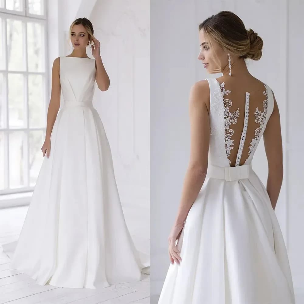 Classic Elegant Sleeveless Boat Collar A-Line Wedding Dress Button Back Crepe Bridal Dress Bow Tie Belt Wedding Customized 2025