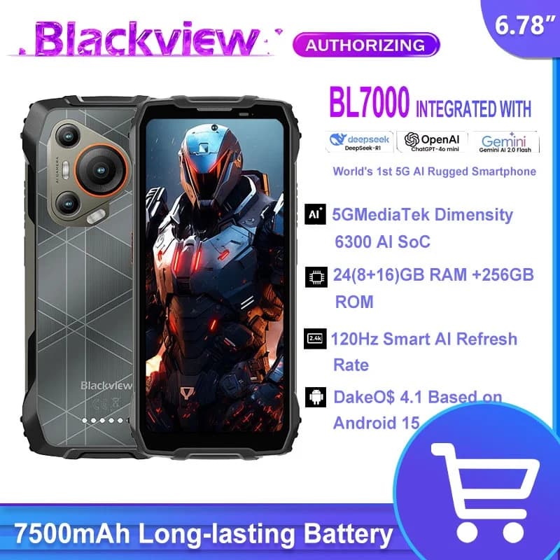 BLACKVIEW BL7000 5G AI Rugged Phone Deepseek GPT Android 15 Smartphone, 6.78" HD+2.4K Display 120Hz, 8GB RAM 256GB, 7500Amh