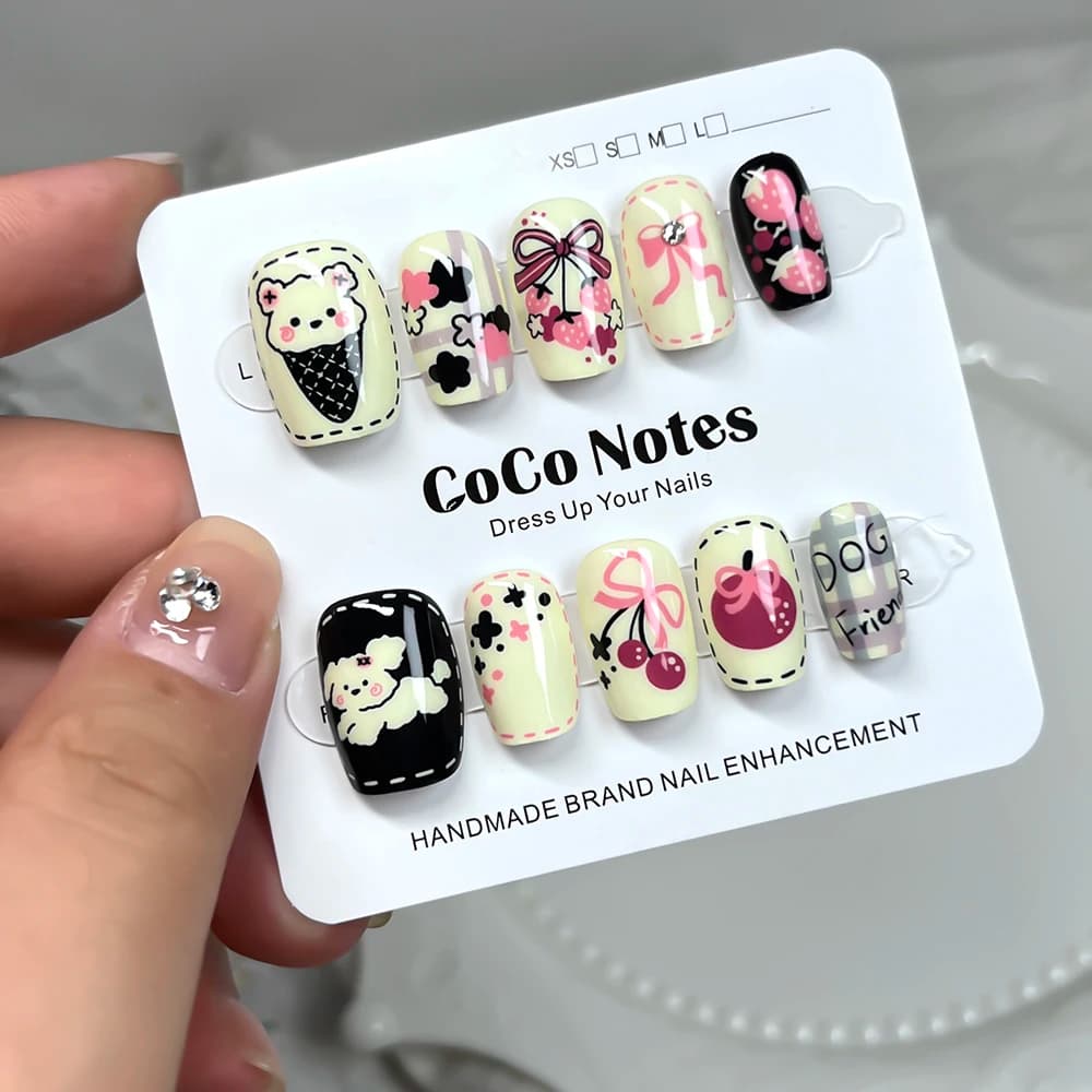Cute Bear Cartoon Girls Press On Nails Jelly Glue Easy Wear Nail Art