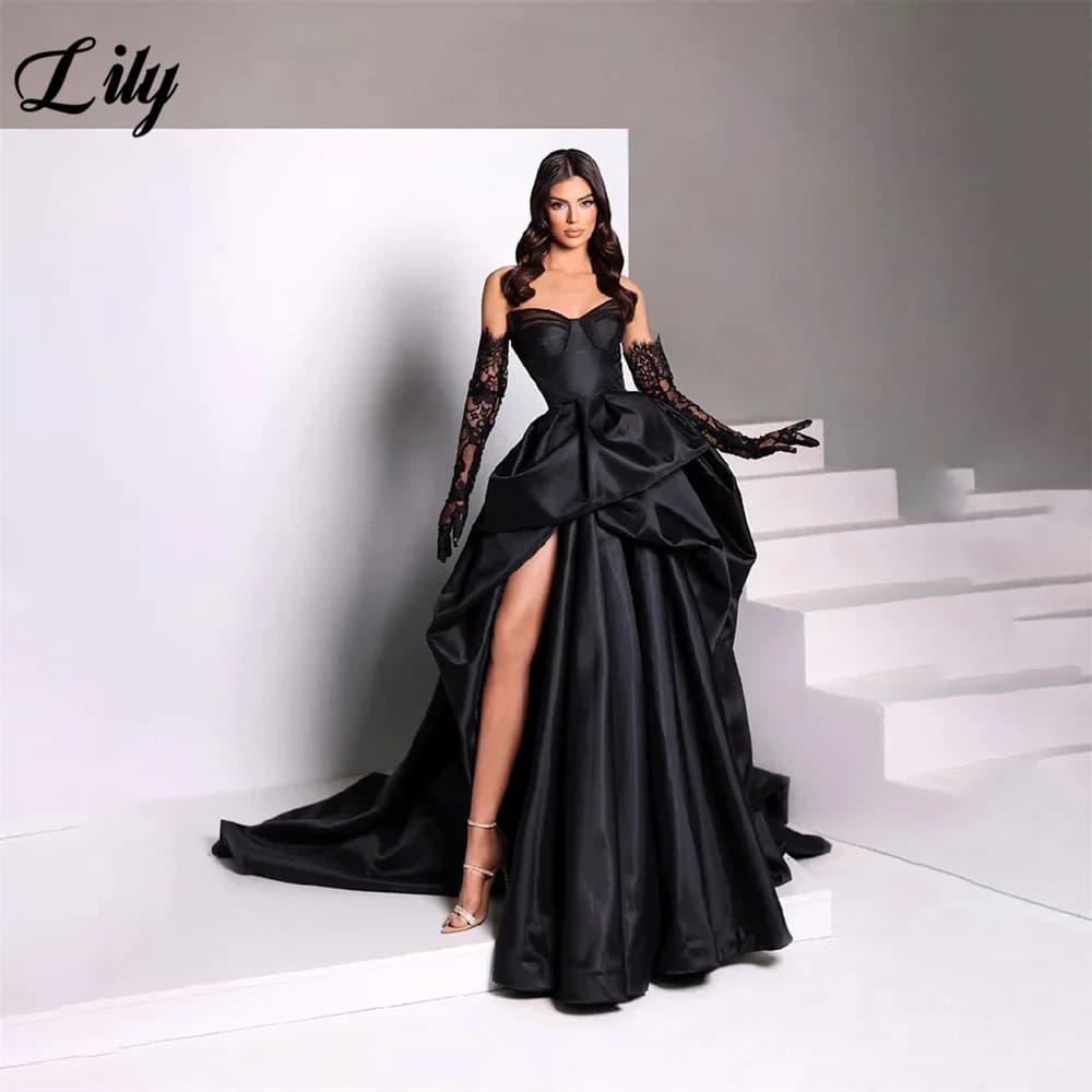 Lily Black Sweetheart Prom Dresses Side High Split A Line Sleeveless Prom Gown Stain Long Sweep Train Evening Dress Customized