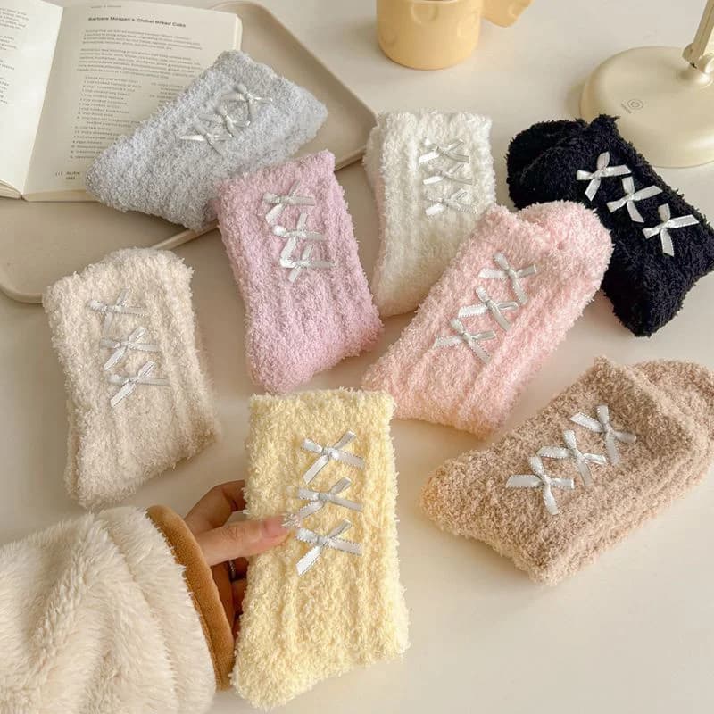 Autumn Winter Warm Coral Fleece Bowknot Woman Socks Sweet Lolita Plush Middle Tube Socks Home Sleeping Floor Socks Cute Socks