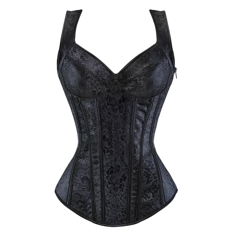Women Corset with Straps Black Overbust Corset Plus Size Floral Jacquard Corset Zipper Top Gothic Steampunk Corset Bustier