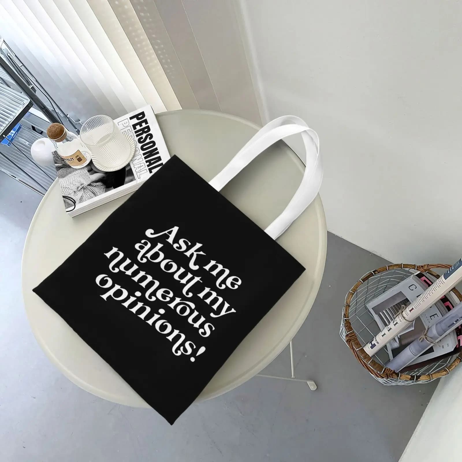 Ask Me About My Numerous Opinions Canvas Black Shopping Tote Bag Reusable Shoulder Cloth Book Bag Gift Handbag