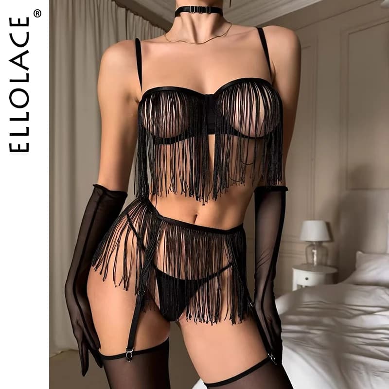 Ellolace Tassel Porn Erotic Lingerie 8-Piece Transparent Ultra Sexy Adult Costume with Garter Outfit Call The Night Sex Suit