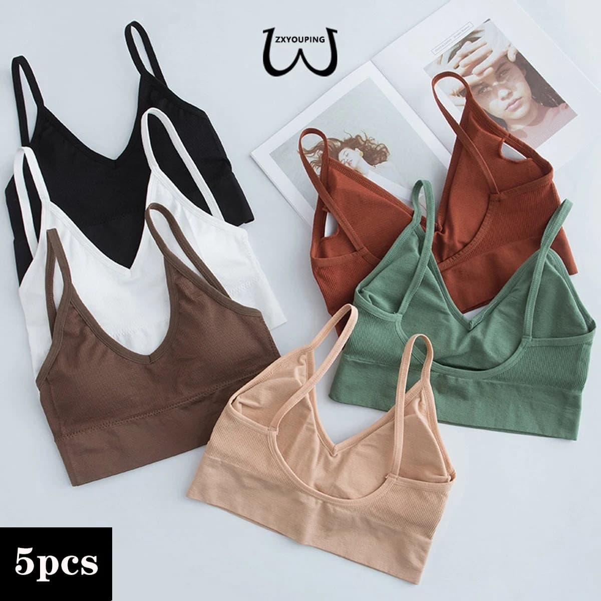 5-Piece Set of Sports Seamless Bras, Comfortable Wire-Free Bras, V-Neck Bandeau Spaghetti Strap Bras, Push-Up Bras / Underwear /