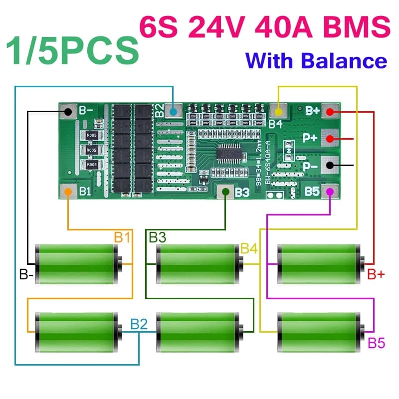 1/5PCS 24V 6S 40A BMS 18650 Li-Ion Lithium Battery Poretect Board Solar Lighting BMS PCB With Balance For Ebike Scooter