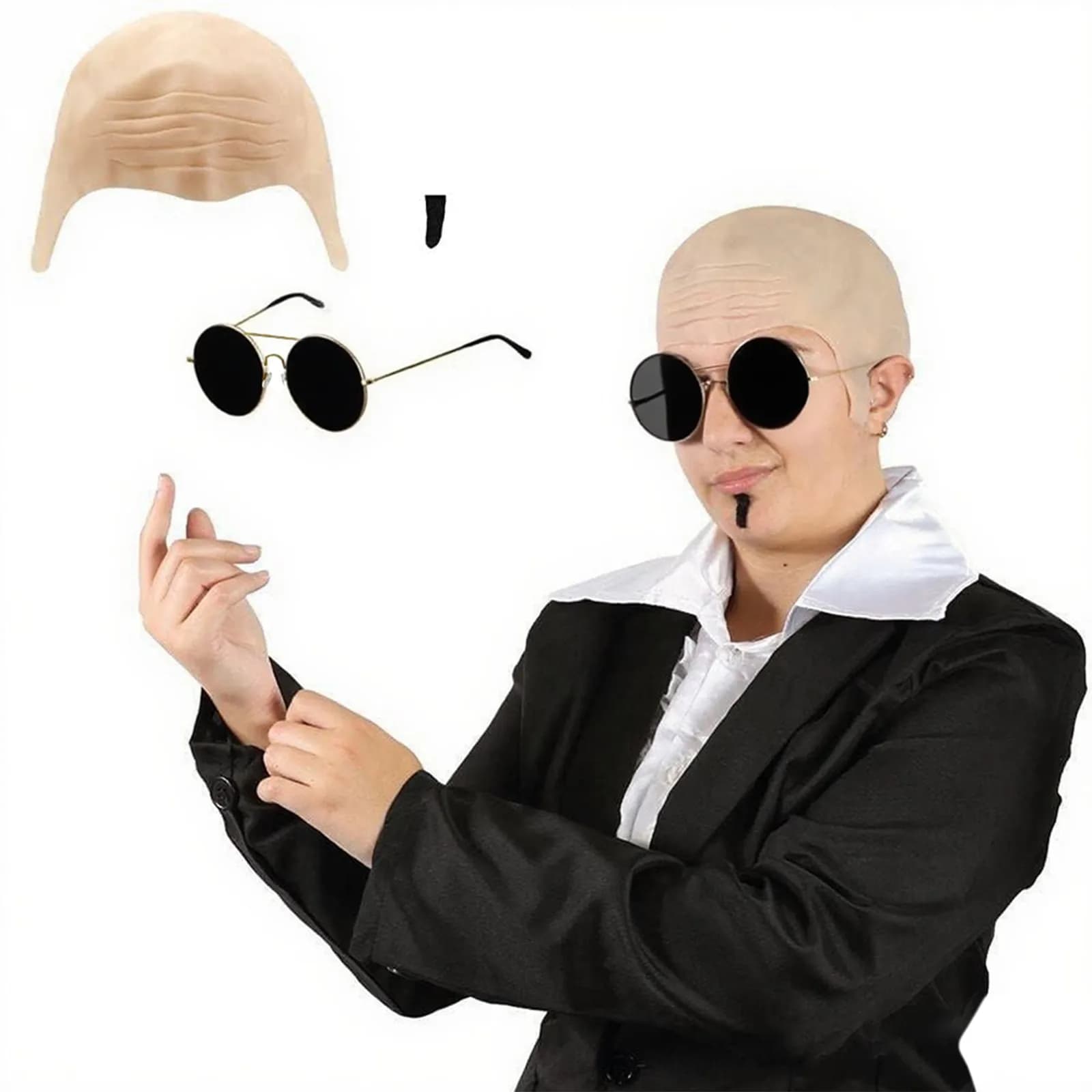 Halloween Costume Pitbull Cosplay Prop Nude Latex Bald Cap Black Sunglasses Black Costume Accessory Set Halloween Accessories