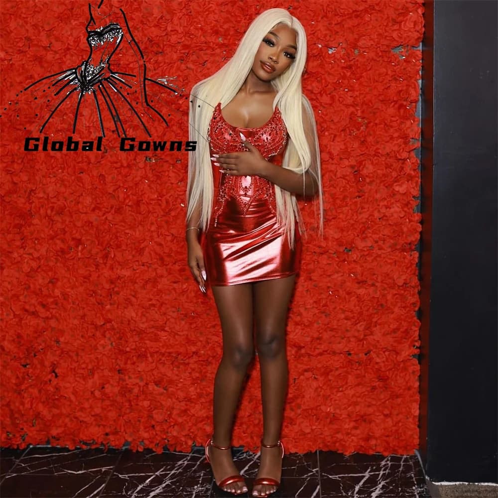 Sexy Red Rhinestone Prom Dresses Short Strapless Bead Crystal 2024 Birthday Luxury Dress Black Girl Graduation Gown Customized