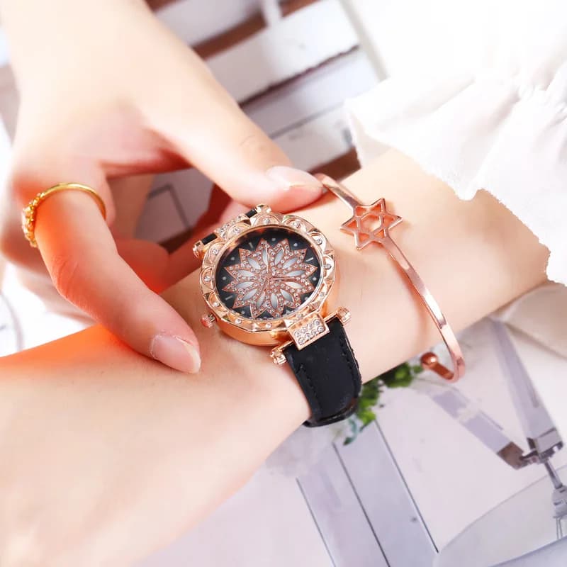 Luxury Rhinestone Flower Interface Black Women's Watch Fashion Romantic Wear Matching Belt Quartz Women WristWatch Gift