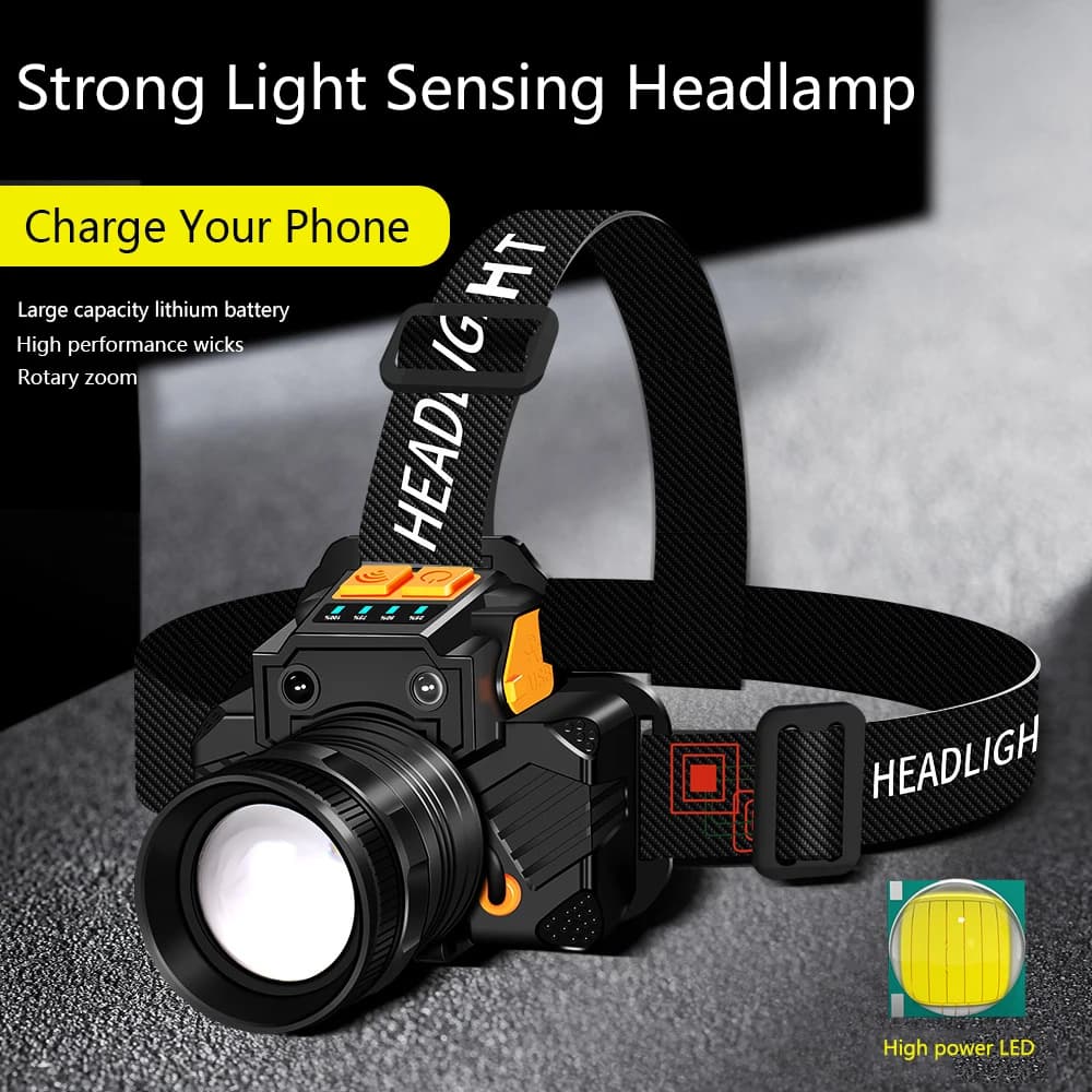 Sensor Headlamps USB Rechargeable Waterproof LED Zoom Induction Headlights With Power Bank Function Camping Fishing Accessories