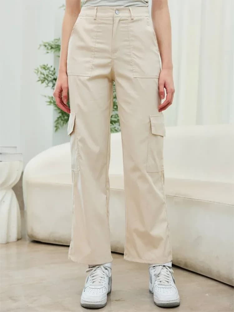 2024 Women Khaki Cargo Pants Low Waist Straight Trousers Casual Wide Leg Vintage Y2K Streetwear Pocket Fashion Office Lady Pants