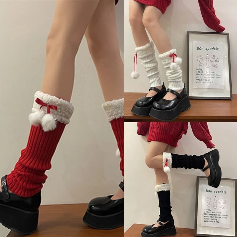 Rib Knit Leg Warmer Women Y2K Furry Trim Plush Ball Bow Christmas Boot Sock