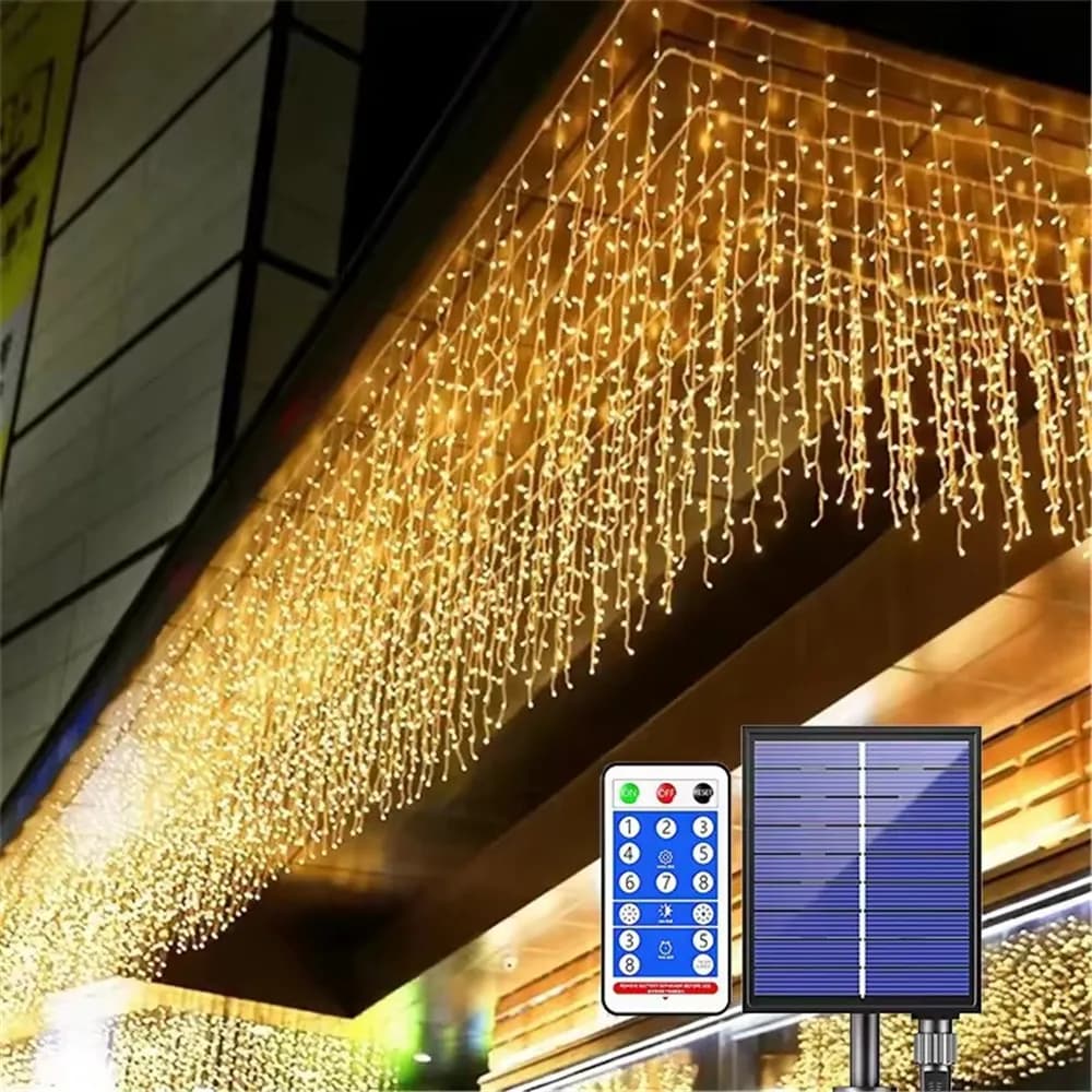 Solar 96leds 3.5m Curtain String Lights 8 Mode Solar Holiday Lighting String Lights Warm White Colors Outdoor Waterproof Fairy