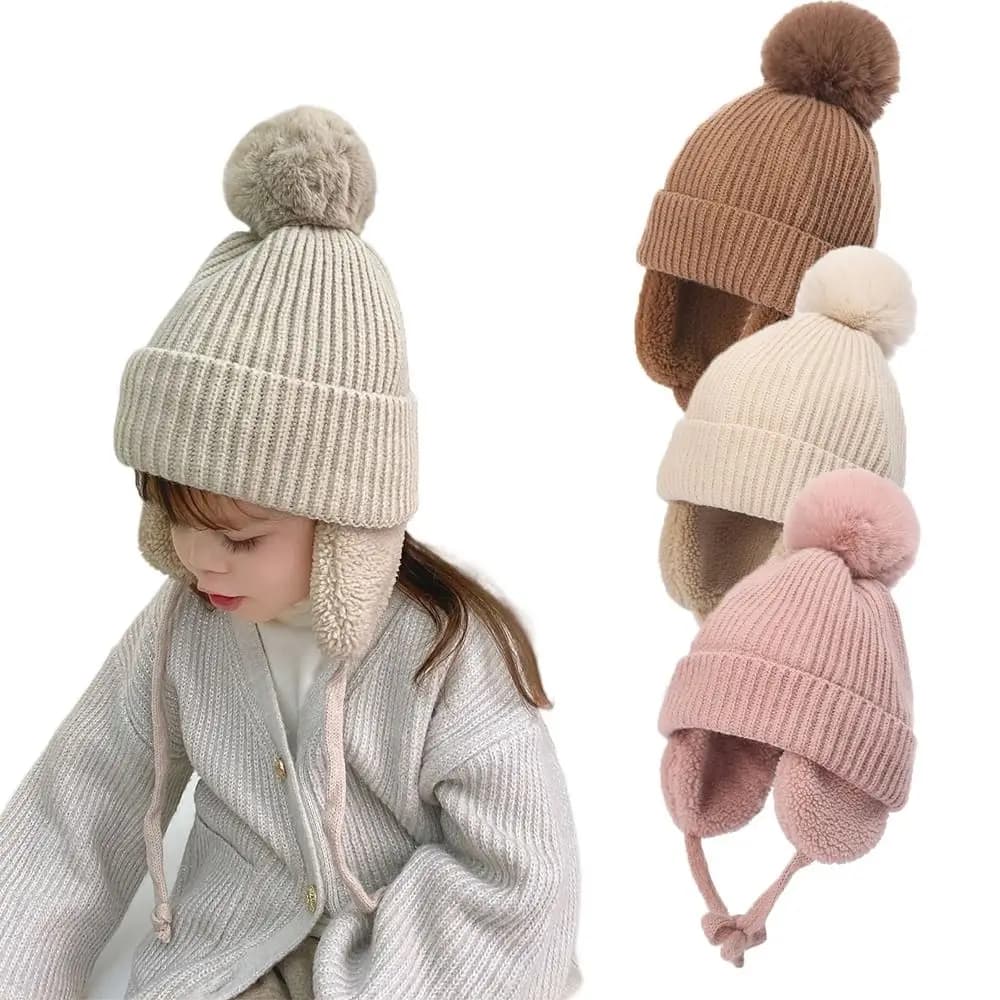Winter Baby Hat Big Pompom Beanie Hats Windproof Warm EarFlaps Hat Cute Plush Lining Cashmere Hat for Boys Girls 2-8 years
