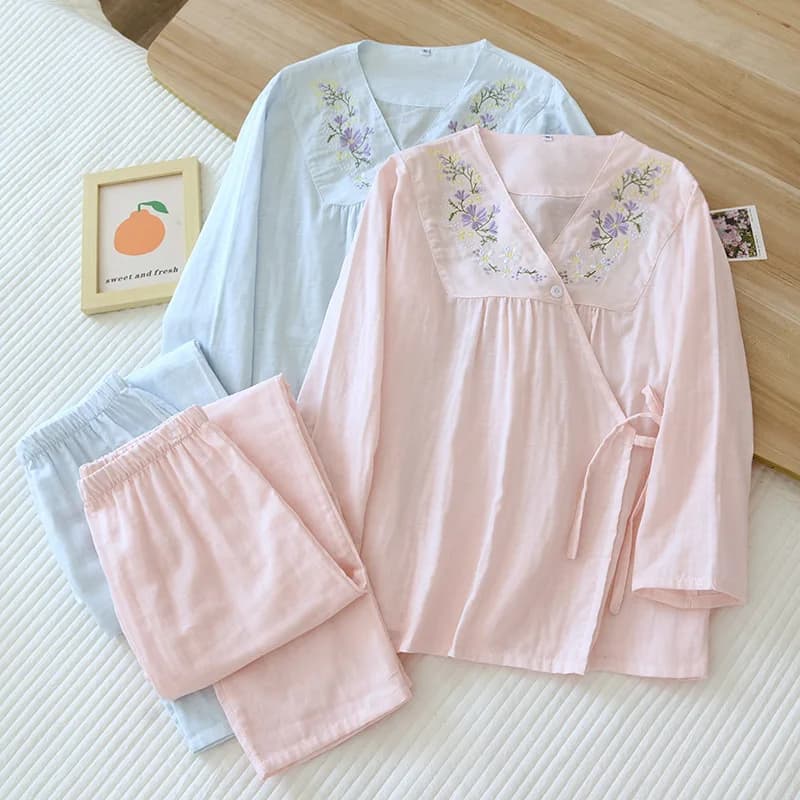 2023 New spring and summer 100% cotton Chinese style women's pajamas two-piece set three-quarter sleeve tops home service suits