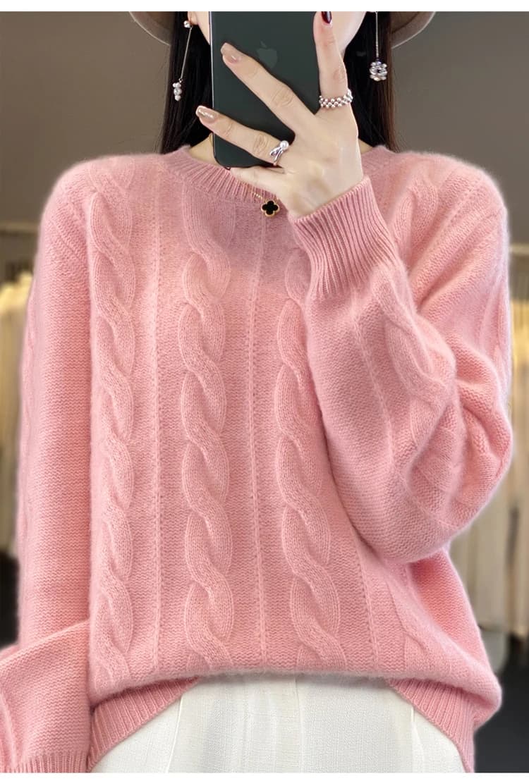 Women's 100% Pure Cashmere Sweater, Round Neck, Twist Thick Sweater, Loose Long Sleeve, Bottoming Shirt, New, Autumn and Winter