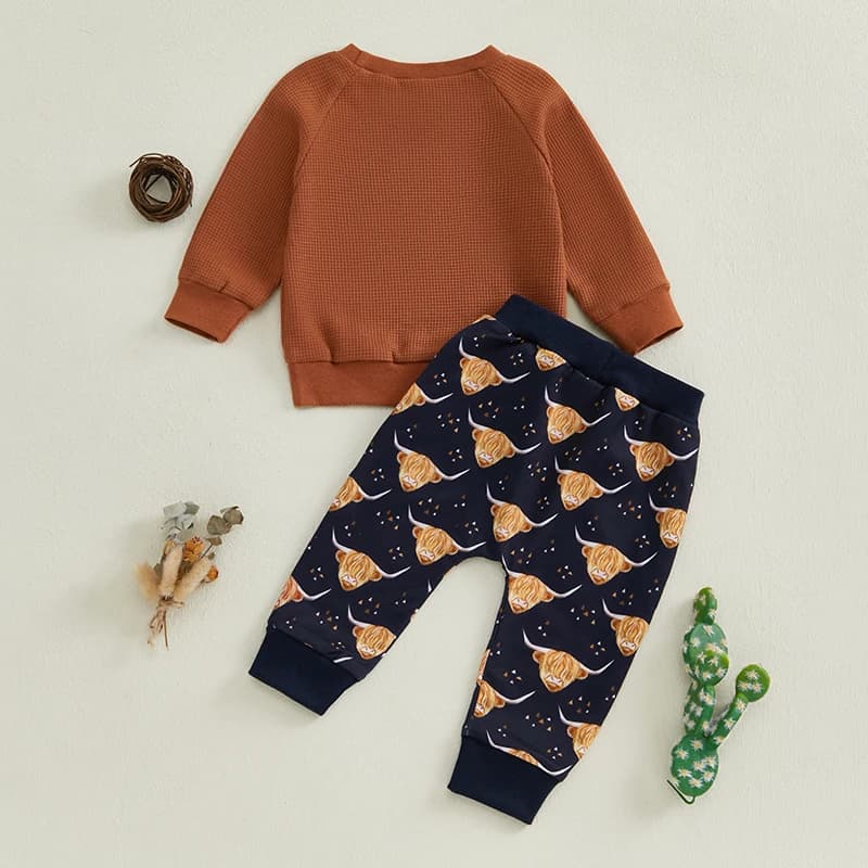 Toddler Cowboy Style Clothing Set Adorable Western Theme Long Sleeve Top with Elastic Waist Pants for Baby Boys