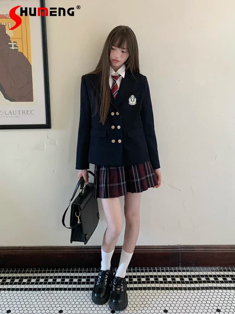 Japanese Sweet Preppy Style JK Uniform Suit Long Sleeve Metal Buckle Double Breasted Slim Fit Jacket Blazers for Women Autumn